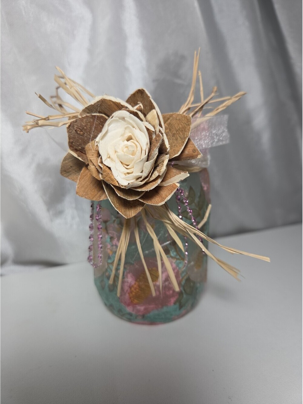 Shabby Chic Decoupage Glass Jar Sola Wood Flower Centerpiece Upcycled Vase Decor